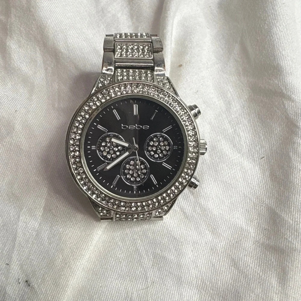 bebe Silver Rhinestone Watch Black Face Chronograph Style Sparkly